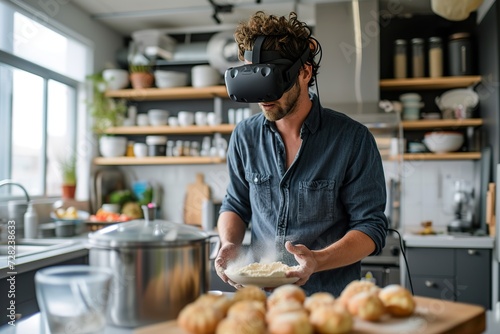 Man Preparing Food with VR Headset in Kitchen.