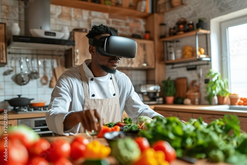 Chef Using VR Technology for Cooking in a Professional Kitchen.