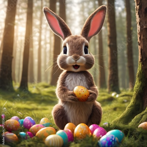 easter bunny with chocolate eggs in the forest