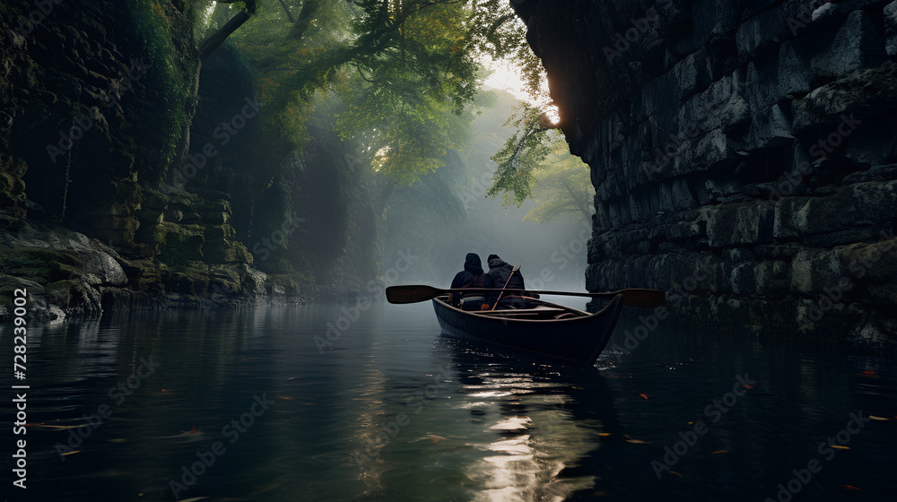 a cinematic scene, the image captures a canoe passing under a stone bridge