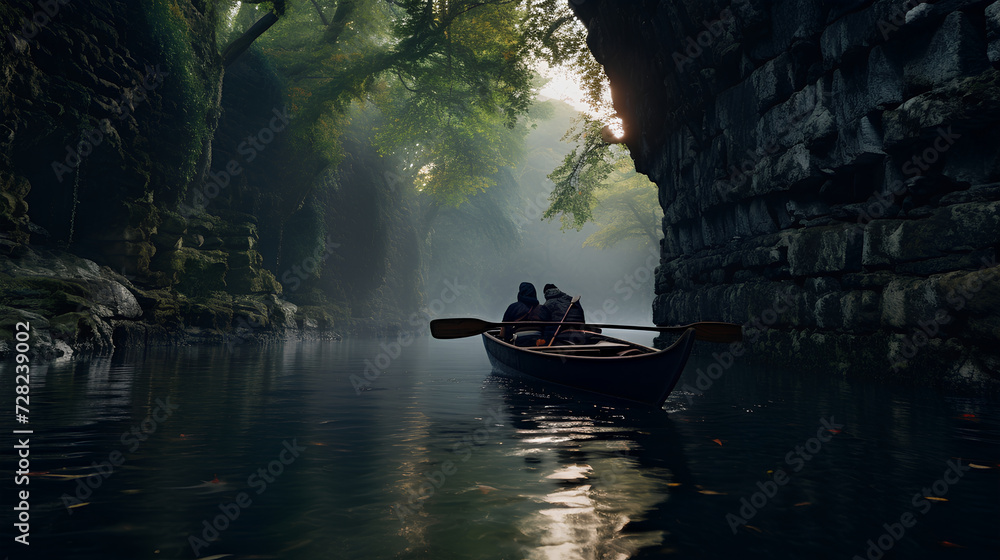Obraz premium a cinematic scene, the image captures a canoe passing under a stone bridge