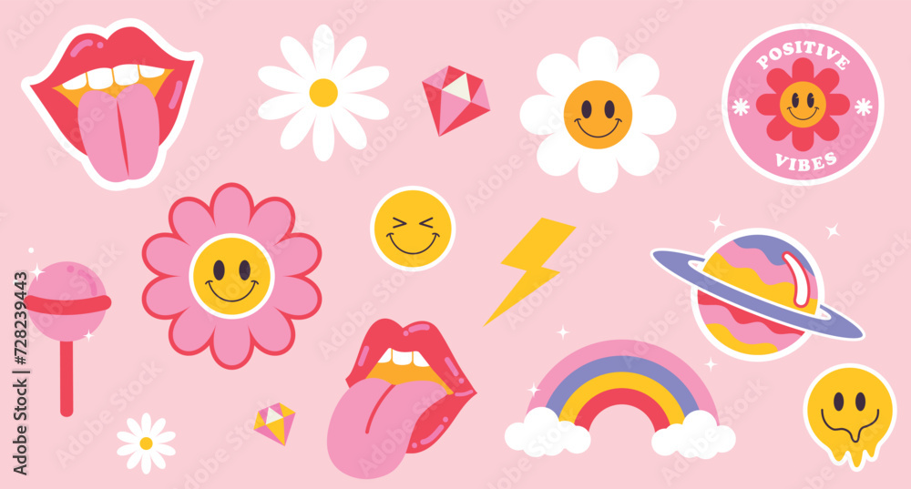Trendy retro stickers with smile faces, cartoon cool stickers. Funky, hipster retrowave stickers in geometric shapes. Vector illustration of y2k , 90s graphic design badges.