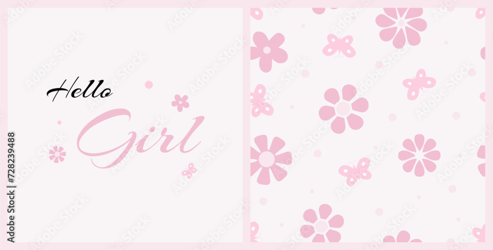 Set of cartoon seamless pattern with pink flower. With text 