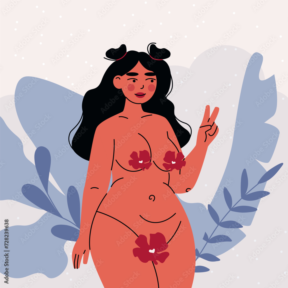 Fototapeta premium Cute plump woman. Cartoon chubby female body in flowers, healthy overweight body positive concept, natural feminine body shape. Vector flat illustration