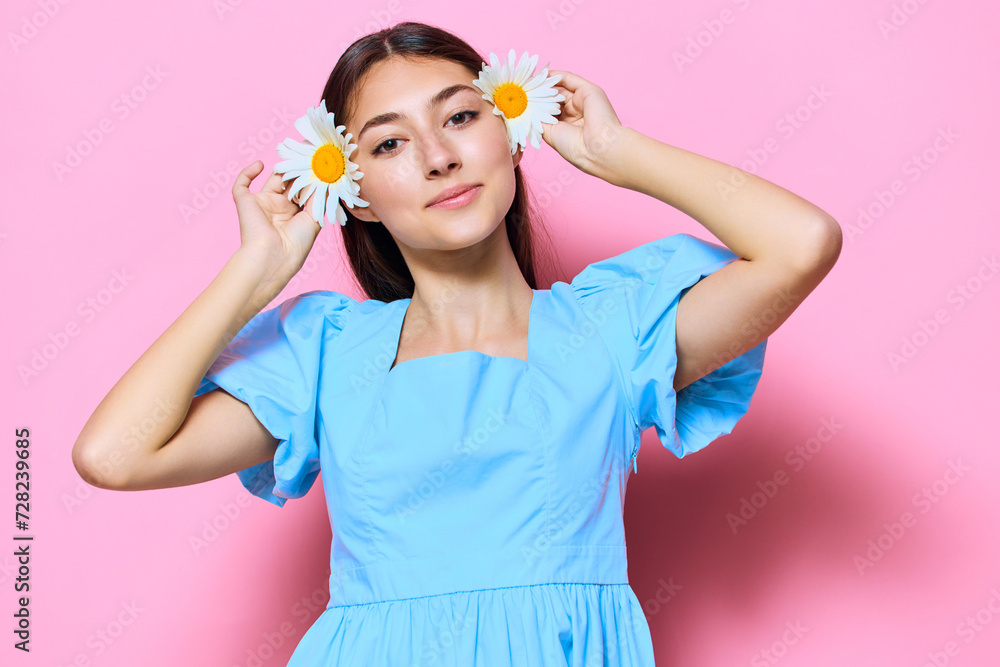 female woman blue flower studio dress fashion smile camomile pink young female woman blue flower studio dress fashion smile camomile pink young