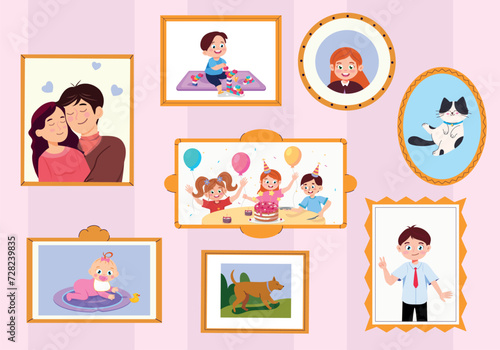 Pictures in frame, Framed pictures, family history, memories on wall. Vector family photo frames. Happy people portraits in wall picture frames. Families generation  framed portraits