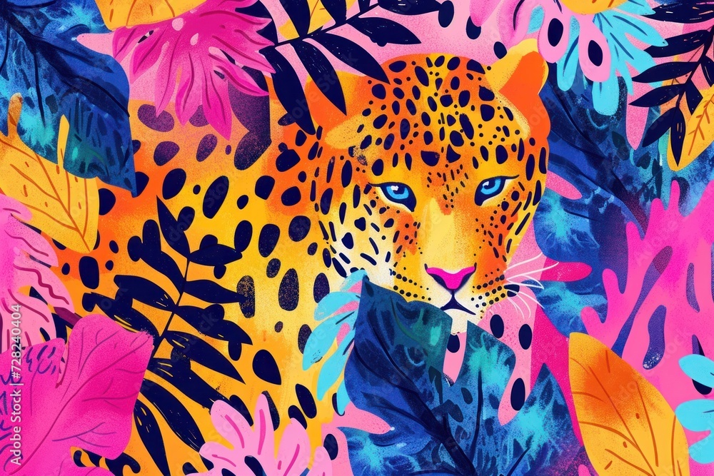 Digital illustration featuring a leopard with a vivid, tropical flora backdrop Digital illustration featuring a leopard with a vivid, tropical flora backdrop