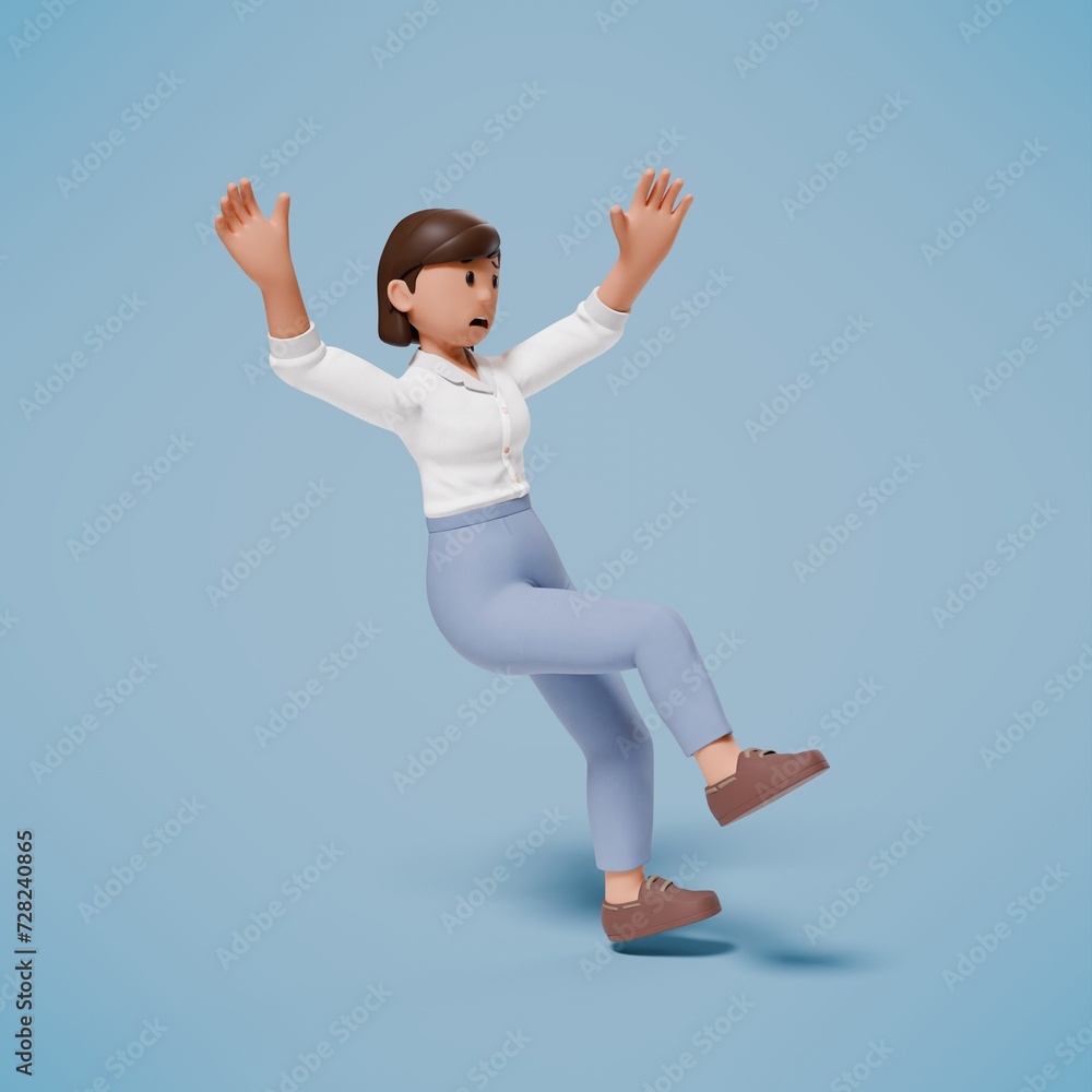 3d character woman wearing a white shirt slipping backwards with a blue background 3d character woman wearing a white shirt slipping backwards with a blue background