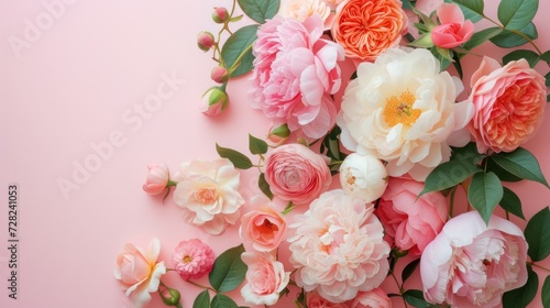 Gorgeous rich pink flower assortment artistically placed on a matching soft pink background © Glittering Humanity