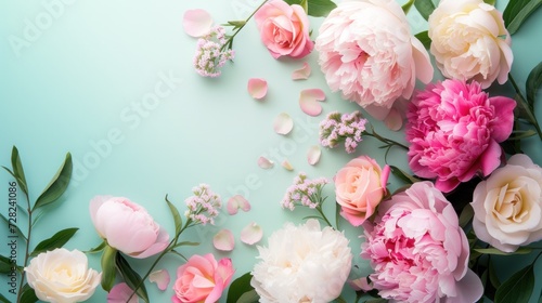 A serene display of pink and white peony blossoms arranged on a tranquil turquoise background