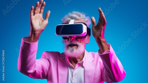 Close-up of a retired senior man in VR virtual reality glasses and headphones in pink neon light on a blue background. Future digital technologies, esports, gaming and entertainment concepts.