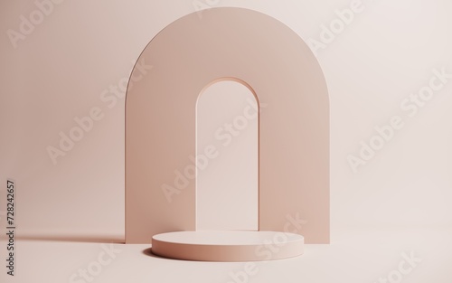 Beige podium, minimalistic showcase 3D render. Aesthetic elegant background for advertising and presentation of products, cosmetics. Arch frame, geometric display.