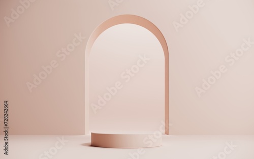 Beige podium, minimalistic showcase 3D render. Aesthetic elegant background for advertising and presentation of products, cosmetics. Arch frame, geometric display.