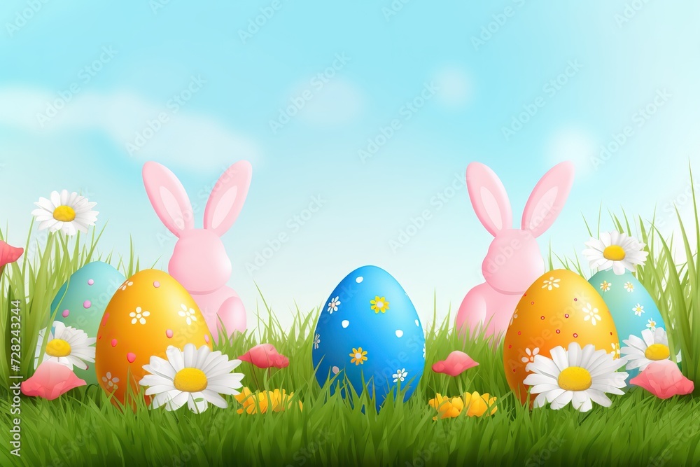 Happy Easter background, Easter eggs scene, Easter bunny ears with easter eggs, Easter poster background template with Easter eggs in the nest, Easter party concept. Happy Easter background, Easter eggs scene, Easter bunny ears with easter eggs, Easter poster background template with Easter eggs in the nest, Easter party concept.