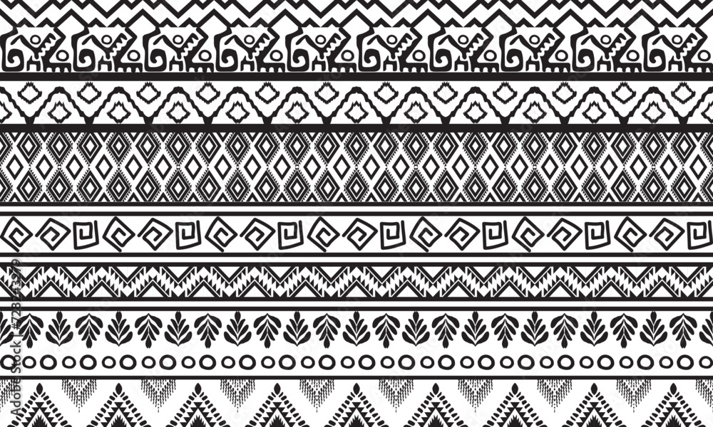 Seamless ethnic pattern, handmade, horizontal stripes, black and white print for your textiles, vector illustration.