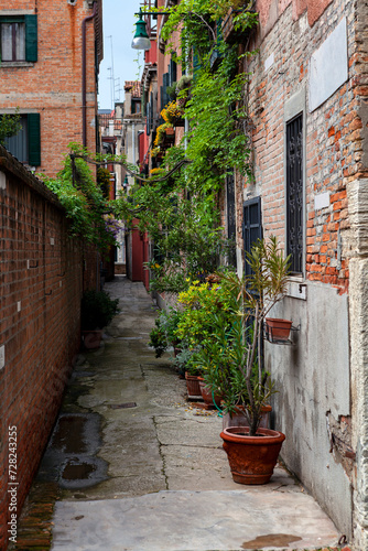 Fototapeta Naklejka Na Ścianę i Meble -  Typical narrow street with historical houses in Venice. Narrow pedestrian streets of Venice between the channels. Some quiet places almost without people.