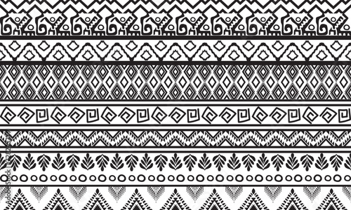Seamless ethnic pattern, handmade, horizontal stripes, black and white print for your textiles, vector illustration.