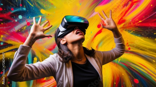 Close-up of a young surprised woman in virtual reality glasses gesturing against a multicolored background. Future digital technologies, esports, gaming and entertainment concepts.