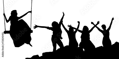 silhouette of friends jumping isolated on white background