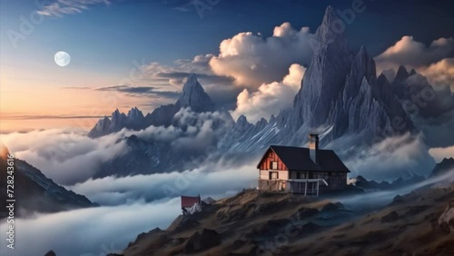 Mountains in fog with beautiful houses and churches at night in autumn. rocky terrain Blue sky with moon. Rocky peaks in Tre Cime clouds in the Dolomites, Italy. Alps at sunset in autumn. photo