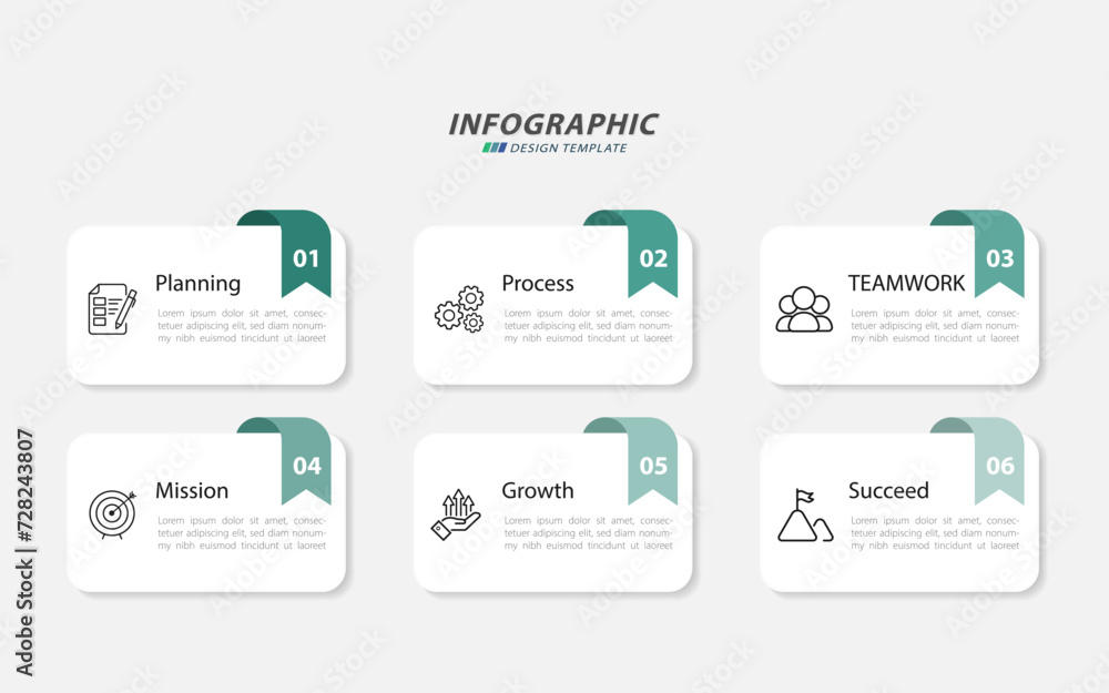Fototapeta premium Infographic template. 6 Step timeline journey, Flat simple infographics design template. presentation graph. Business concept with numbers 6 options or steps vector illustration.