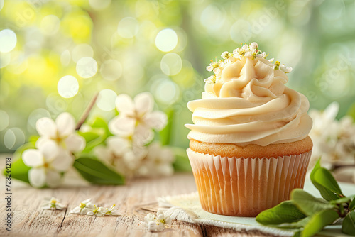 Cupcake on the wooden table, spring background with blooming flowers