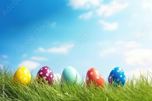 Happy Easter background, Easter eggs scene, Easter bunny ears with easter eggs, Easter poster background template with Easter eggs in the nest, Easter party concept.