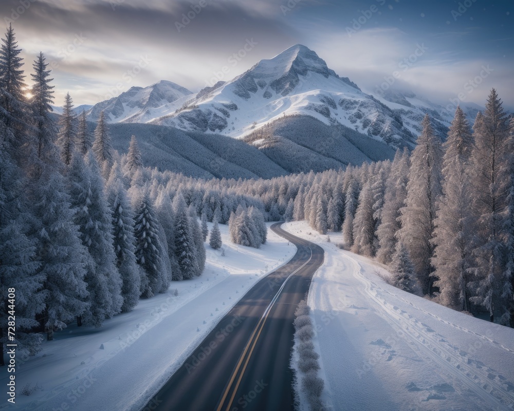 Winter road in the mountains with snow