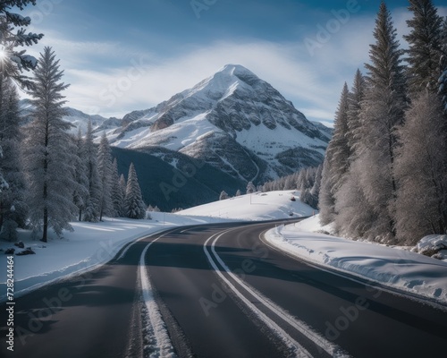 Winter road in the mountains with snow