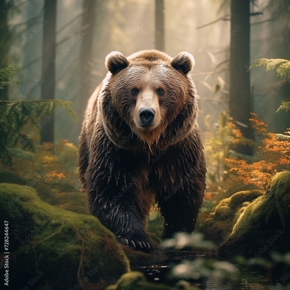 AI generated illustration of a Lone bear dashing through a woodland AI generated illustration of a Lone bear dashing through a woodland