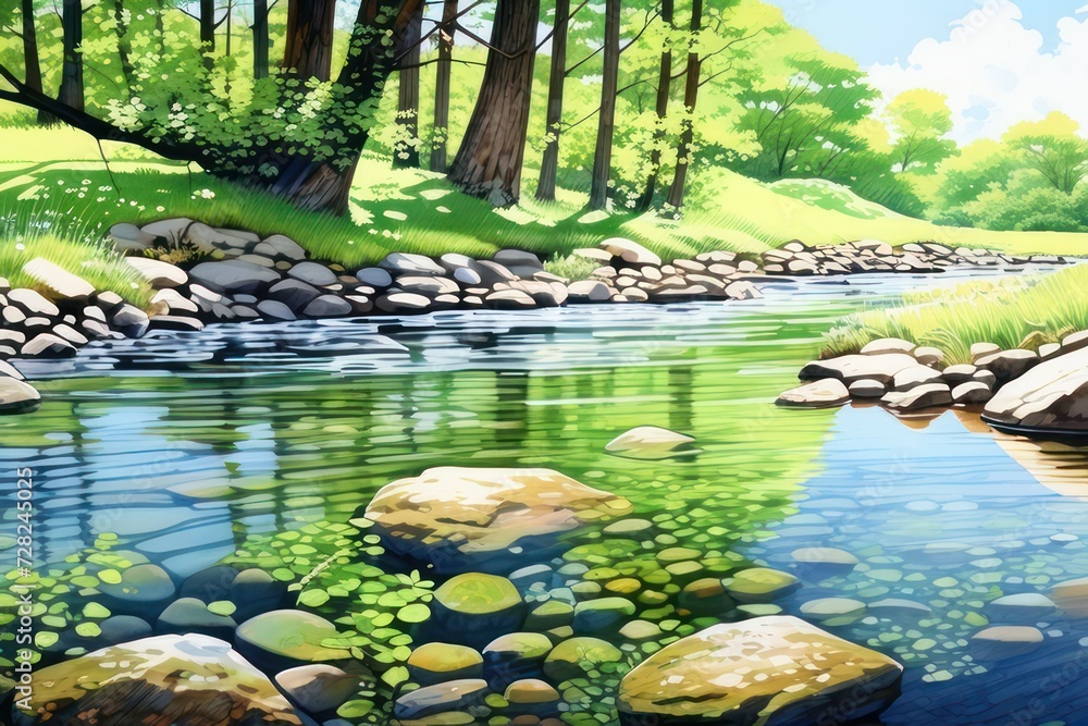 the meadows, the green landscape and the river the meadows, the green landscape and the river