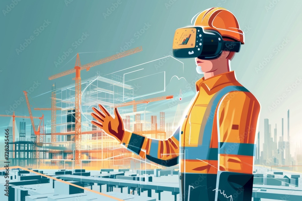 Fototapeta premium Project Manager with VR on Construction Blueprint. Construction manager uses VR to interact with virtual blueprint.