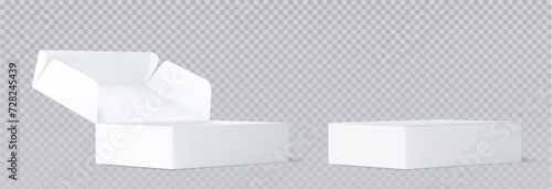 White closed and open cardboard box mockup top angle view. Realistic vector illustration set of blank carton package for delivery or gift concept. Rectangular low paper pack with cover mock up.