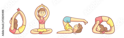 People Character Yoga Practice Do Physical Exercises Vector Set