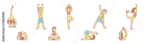 People Character Yoga Practice Do Physical Exercises Vector Set