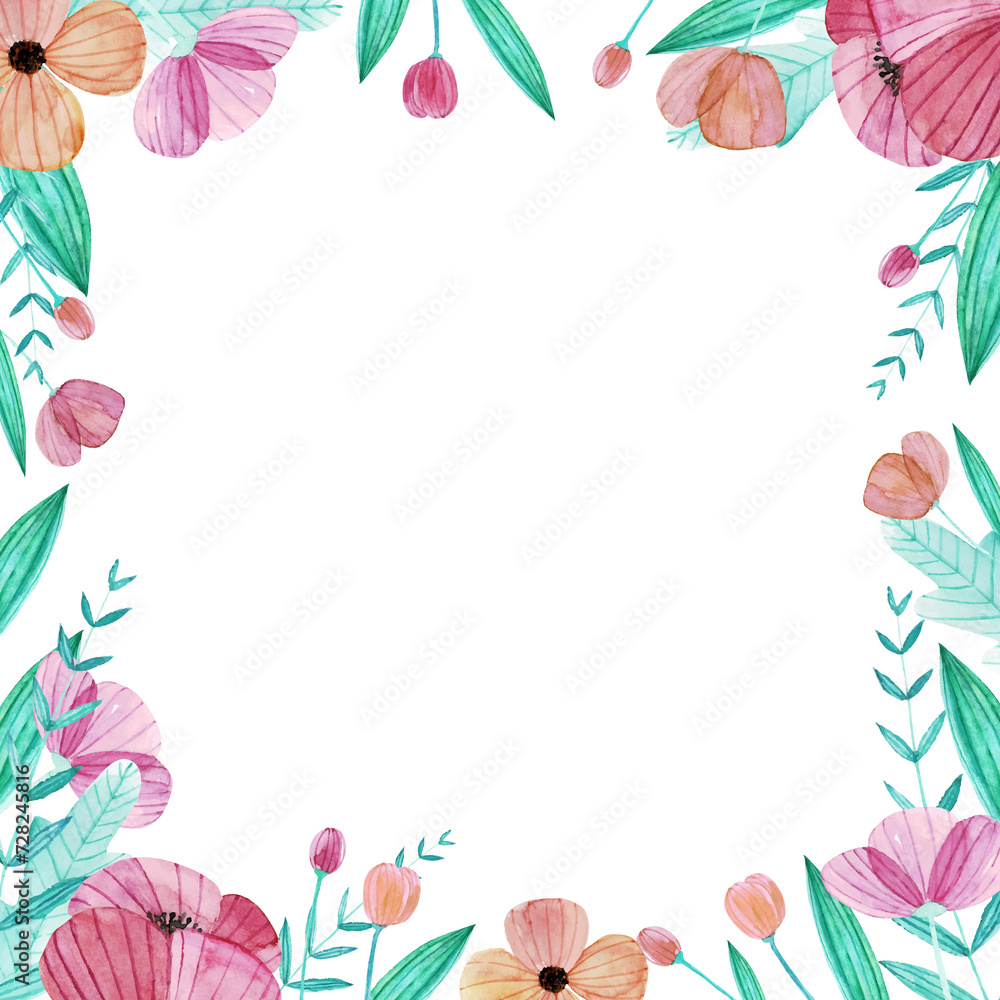 Fototapeta premium Cute seamless pattern flowers and leaves watercolor background