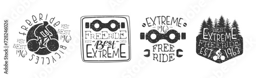 Freeride Bicycle Extreme Sport Vintage Label Vector Set