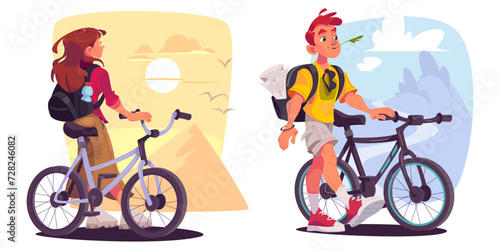 Set of cycling tourists traveling by bike. Vector cartoon illustration of young man, woman enjoying field ride, admiring sunset in sandy desert with ancient pyramid, birds in sky, active lifestyle