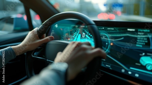 Closeup of a drivers hand pressing a on on a hightech steering wheel which triggers a virtual headsup display on the windshield with vital information about the vehicles speed photo
