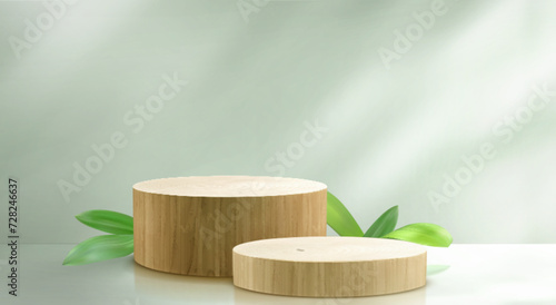 Round light brown wooden 3d product podium with green plant leaf and natural shadow on pastel wall. Showcase platform with wood texture for goods display. Realistic vector mockup of promo pedestal.