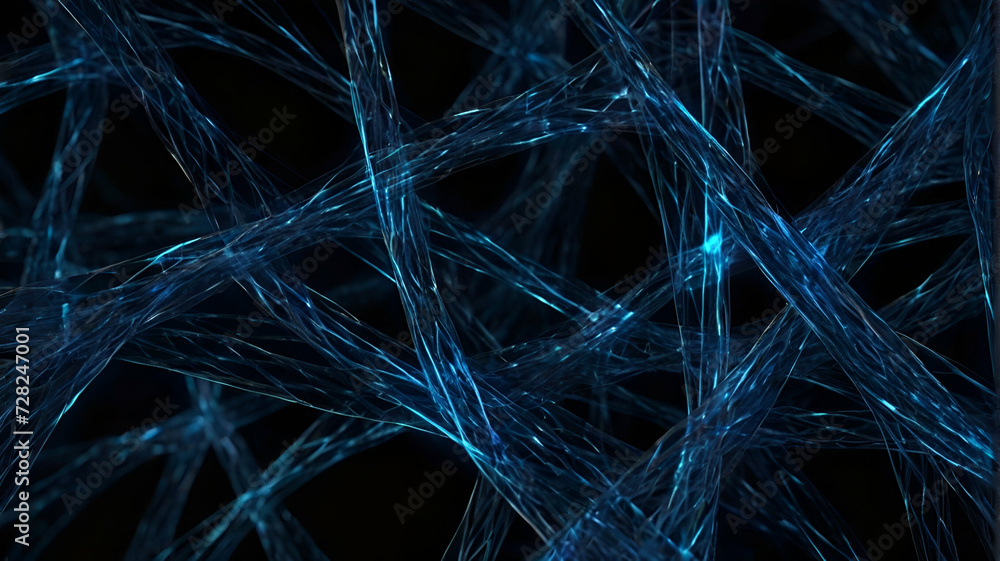 Abstract background of glowing blue mesh or interwoven lines on a dark background.generative ai