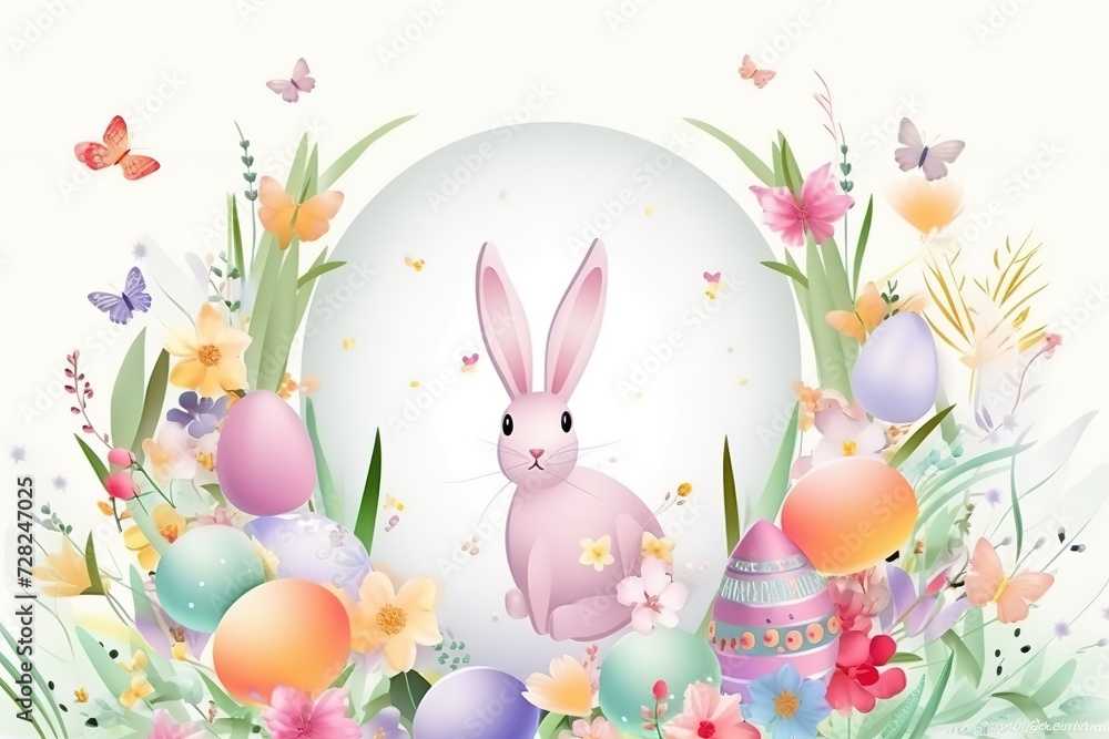 Happy Easter background, Easter eggs scene, Easter bunny ears with easter eggs, Easter poster background template with Easter eggs in the nest, Easter party concept.
