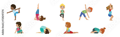 Children Doing Yoga Physical Exercises in Different Asana Vector Set