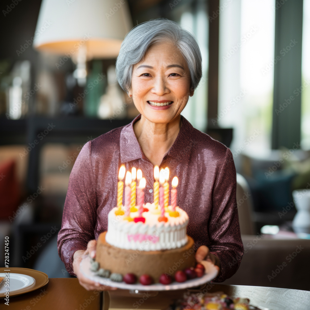 lifestyle photo Asian American senior celebrating birthday.