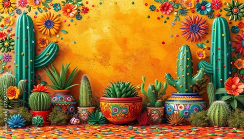 DÃ­a de los Muertos - A colorful display of cacti and flowers, celebrating the Mexican holiday. Generative AI photo