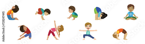 Children Doing Yoga Physical Exercises in Different Asana Vector Set