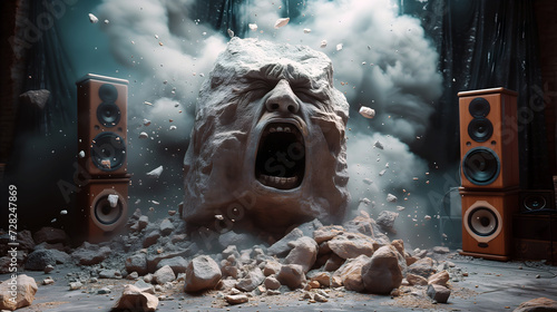 Rock music concept. Stone boulder crumbles and explodes into dust between loudspeakers photo