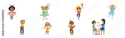 Kids With Painted Faces at Party or Festive Carnival Vector Set
