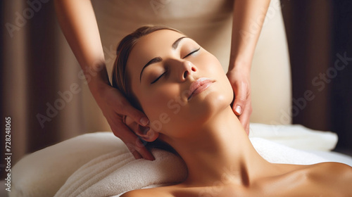 Relaxed young woman doing neck massage at health spa, top view of beautiful woman wrapped in towel lying on table with eyes closed enjoying body treatment.