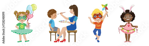 Kids With Painted Faces at Party or Festive Carnival Vector Set